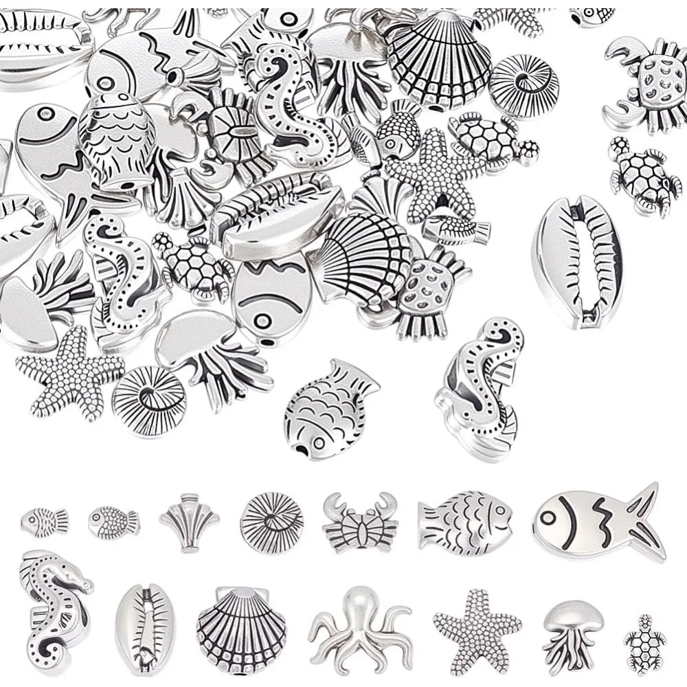 70Pcs 14 Styles Ocean Themed Beads Fish Beads 5-19.5mm Metal Fish Bead Sea Life Creatures Bead for DIY Jewelry Making Hole:1-4mm