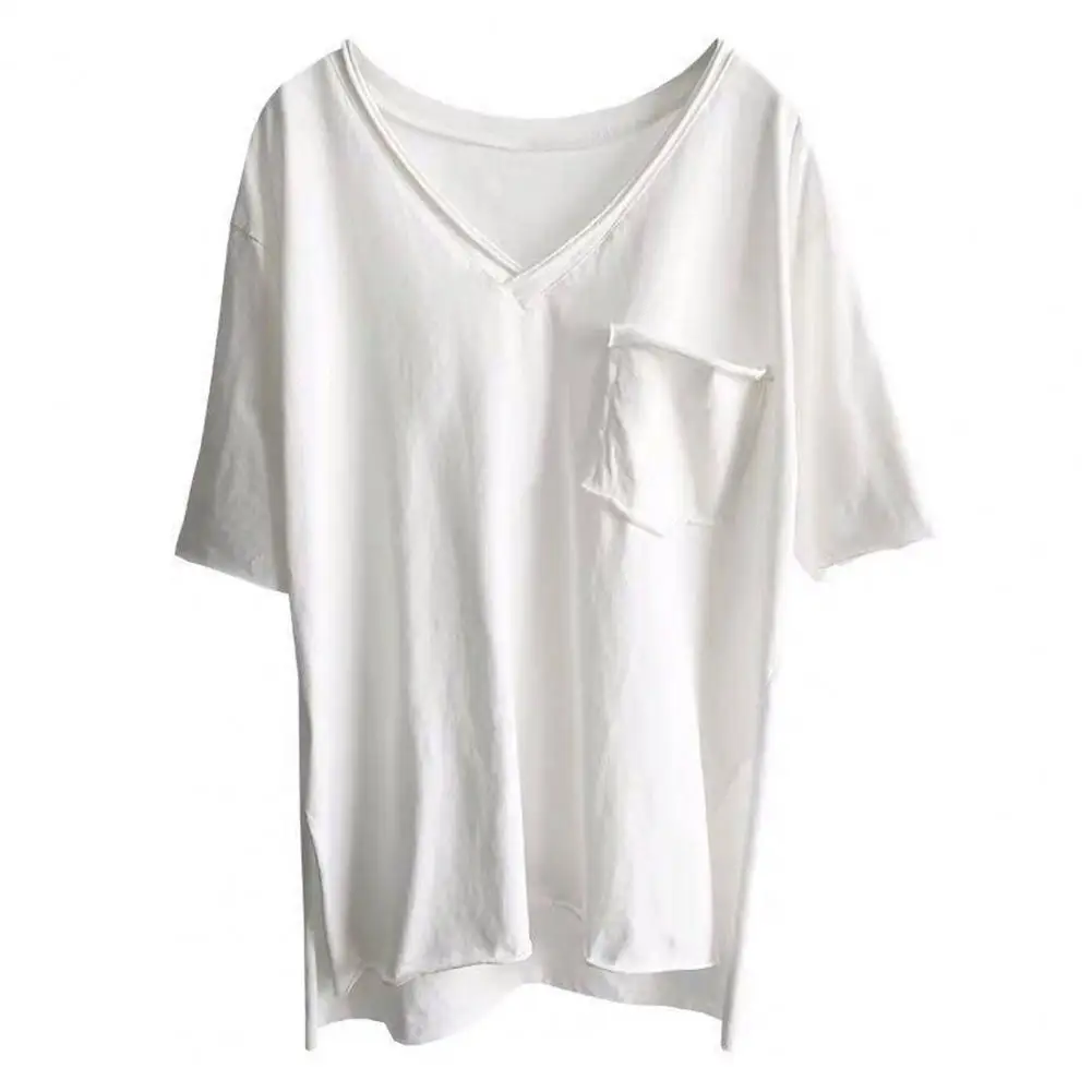 Camiseta con cuello en V para mujer, camisa elegante con bolsillo de parche, dobladillo dividido lateral, Jersey elástico de ajuste suelto, Top sólido