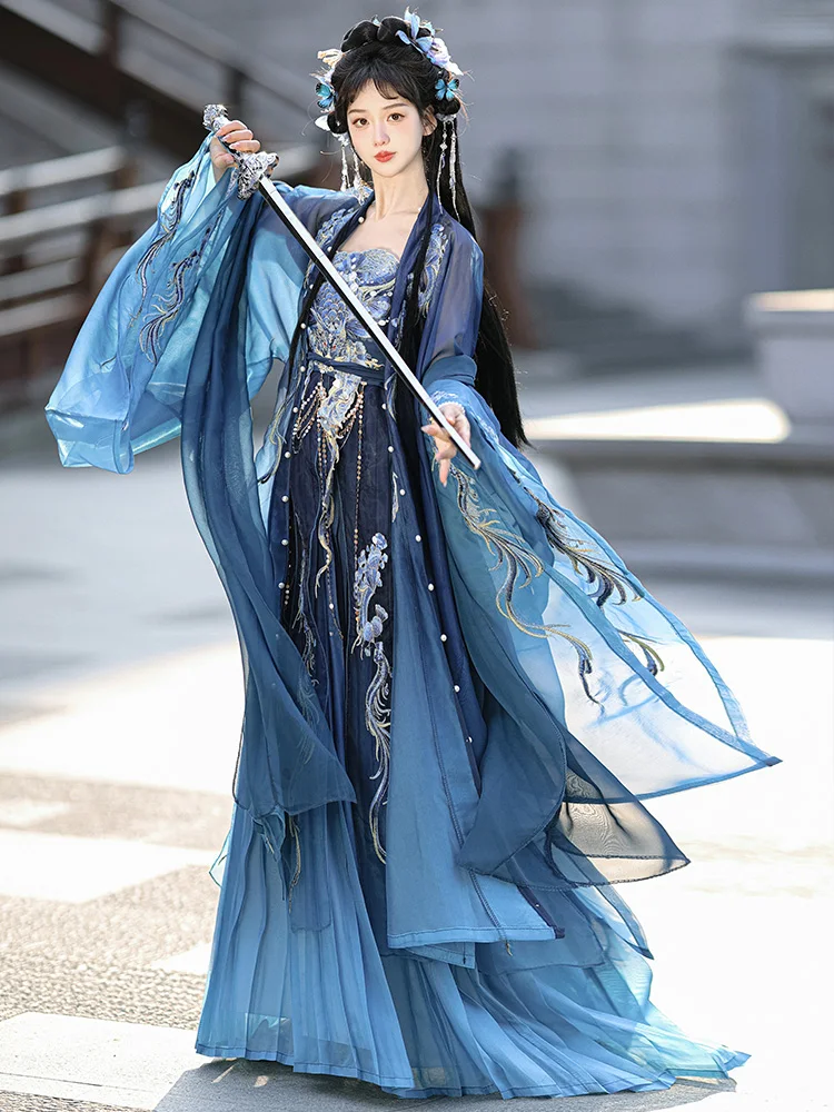 Hanfu women's blue chest-length tattered large-sleeved embroidery