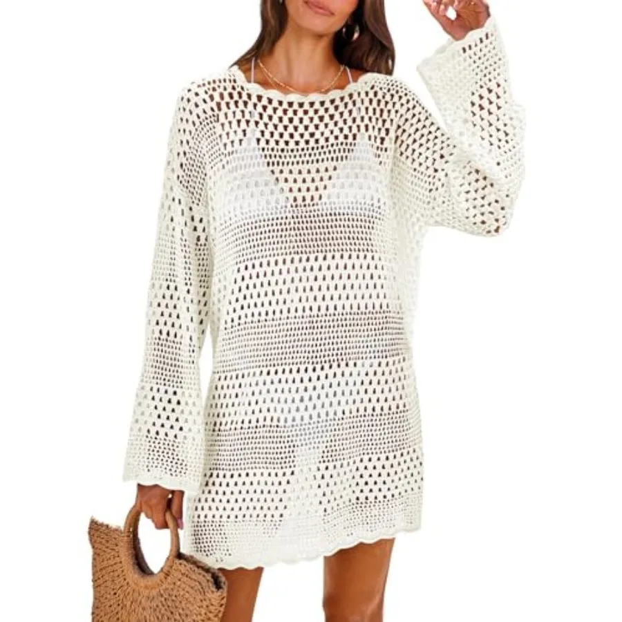 ANRABESS Women Swimsuit Crochet Swim Cover Up 2026 Summer Bathing Suit Swimwear Mesh Knit Beach Dress Vacation Outfits