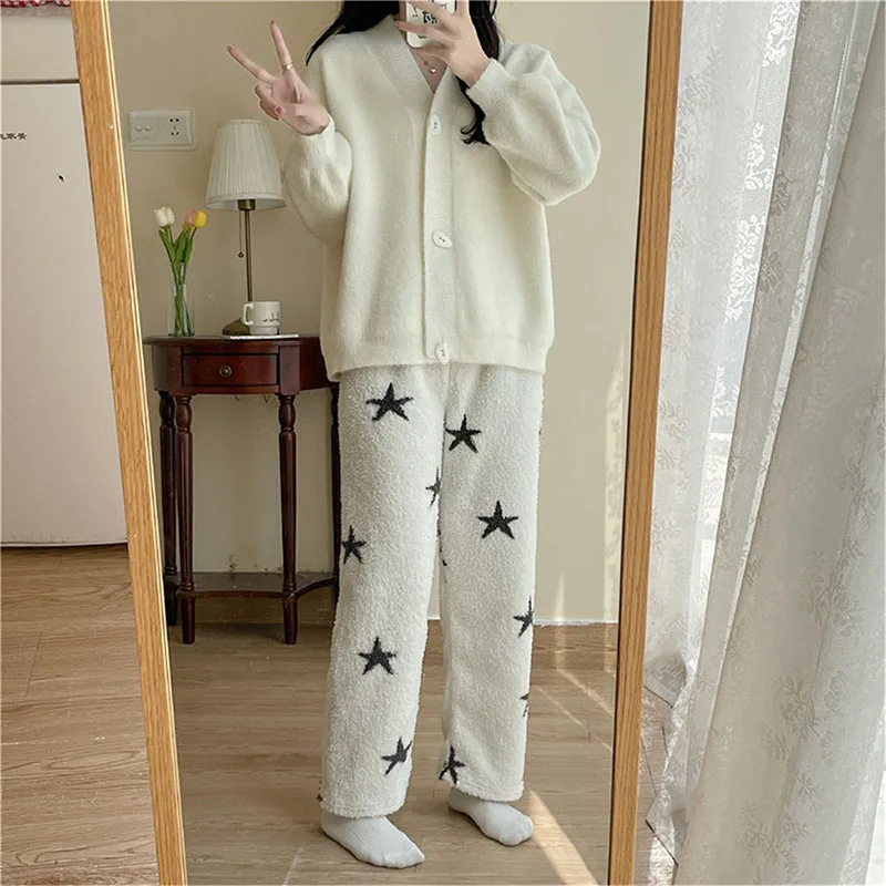 Thickened Warm Pajama Pants Woman Autumn and Winter Star Pattern Printing Long Plush Casual Trousers Student Sleeping Pants