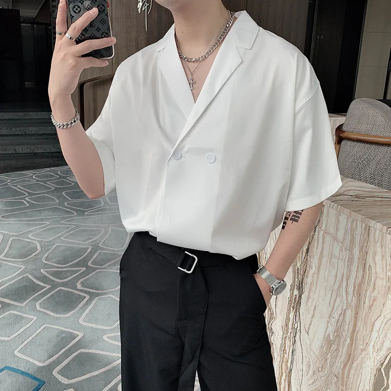 Summer Suit Collar Short-Sleeved Shirt Men's Solid Color Loose Casual Shirt Korean Version Fashion Trend Drape All-Match Top