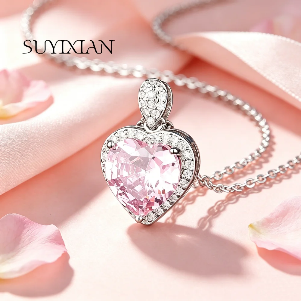 925 Sterling Silver Stylish Elegant Heart Pink Zircon Necklace Earrings Ring Set Birthday Anniversary Gift Ladies Jewelry