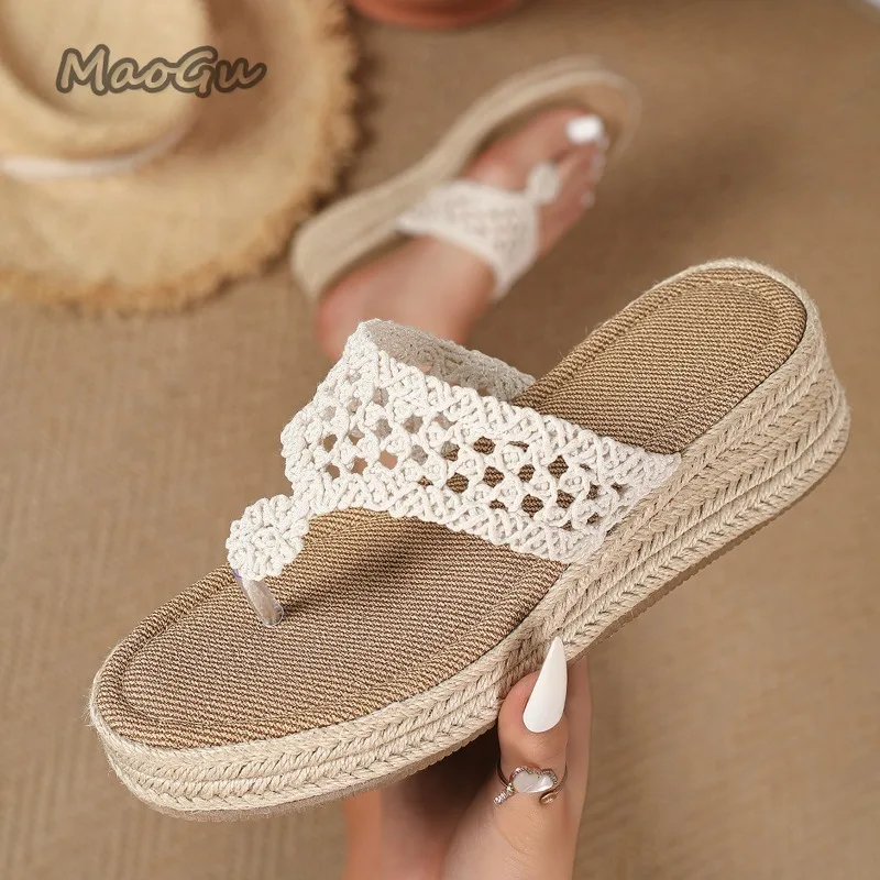 Summer Womens Crochet Lace Platform Flip Flops Hollow Out Bohemian Wedge Sandals Non-slip Espadrille Thong Slippers Beach Casual