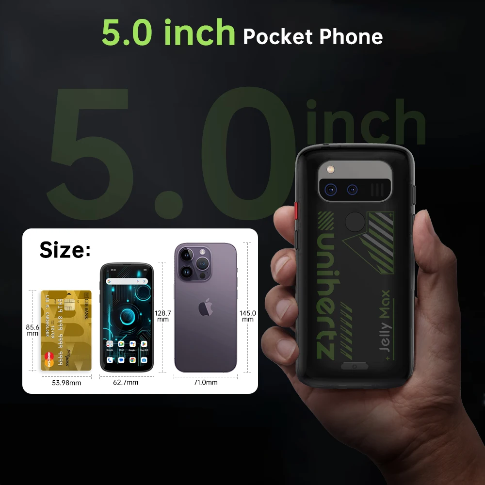 Мини-смартфон Unihertz Jelly Max, 5G, Android 14,12 ГБ, 256 ГБ, плотность 7300, 5-дюймовый экран, ИК-бластер, 4000 мАч, камера, 00 МП, NFC