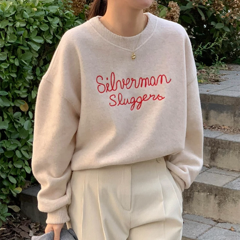 

Chic Autumn Winter Knitted Long Sve round Ne Sweater Letter Design Casual Versatile Loose Fit Comfortable Ele Sle