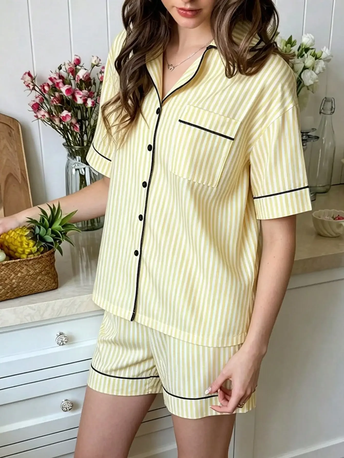 Snug Reverie Women's Pajama Set, Minimalist Slouchy, Yellow Striped Short Sleeve & Shorts, 2-Piece Sleepwear Set, Elegant Home W