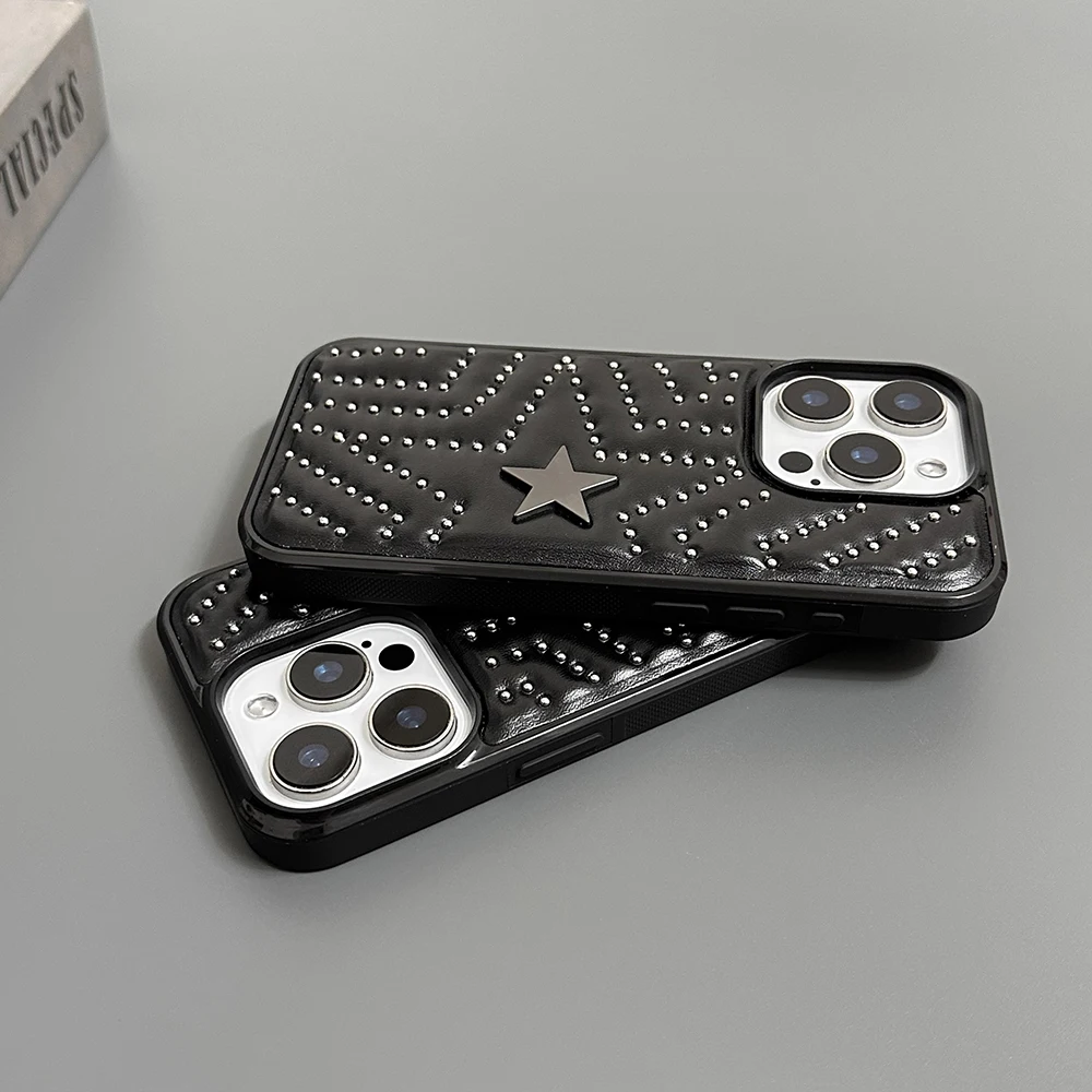 Modische Handyhülle mit silbernen Nieten und fünfzackigem Stern aus Leder, stoßfest, für iPhone 18 17 16 15 14 Pro Max 13, Schutzhülle – Detail 15