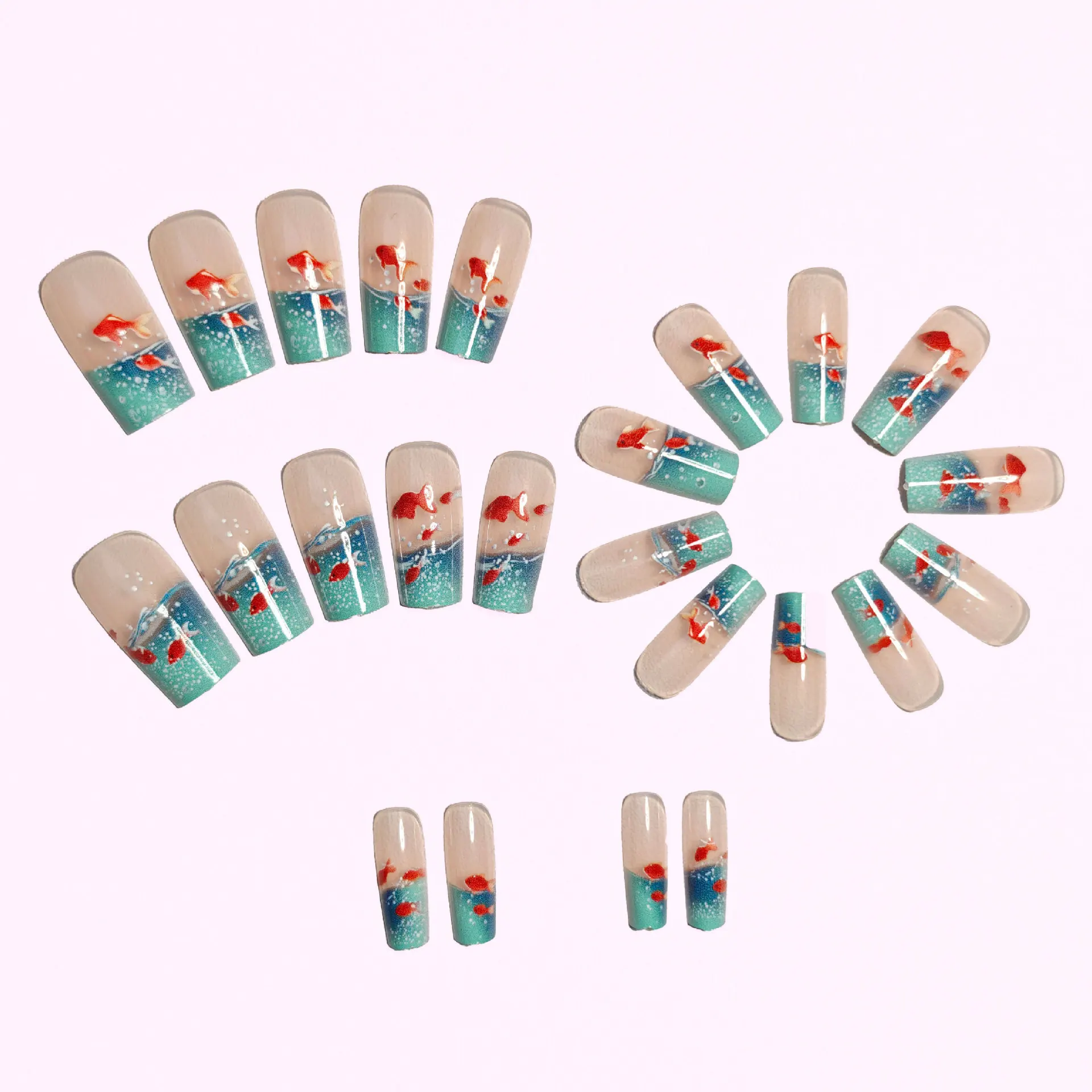 Medium long Square fake nails for women Summer blue water fish in yellow red colors full cover press on acrylic false nail art