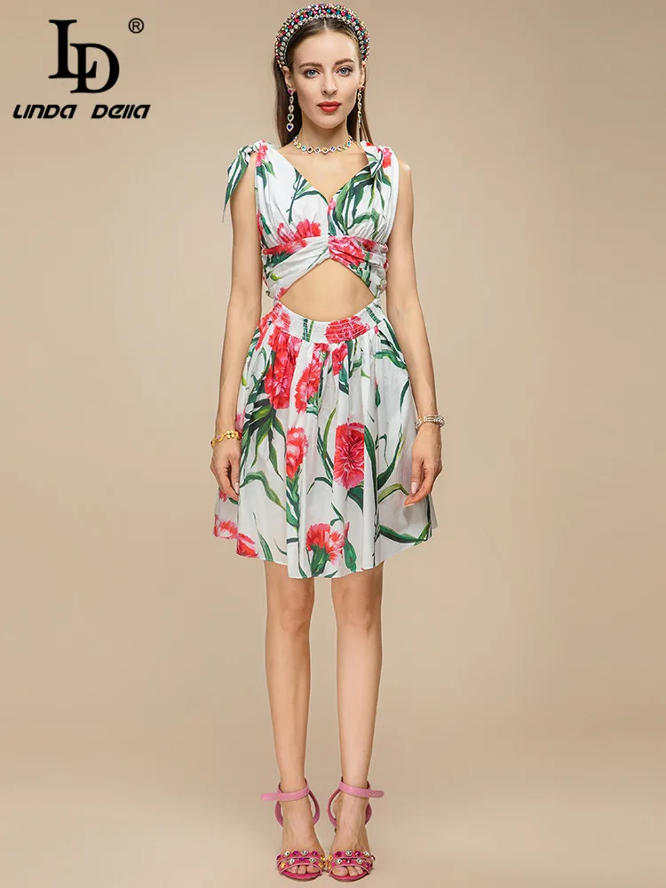 LD LINDA DELLA Designer 2023 Summer Holiday Cotton Dress Women Bow V-neck carnation Flower print Sexy Backless Dress