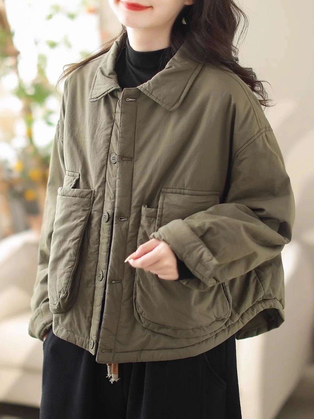 

Женская повседневная хлопковая куртка Thiened Cotton Jaet с большими женщинами, зимняя верхняя одежда, утягивающее пальто для мам маленького роста