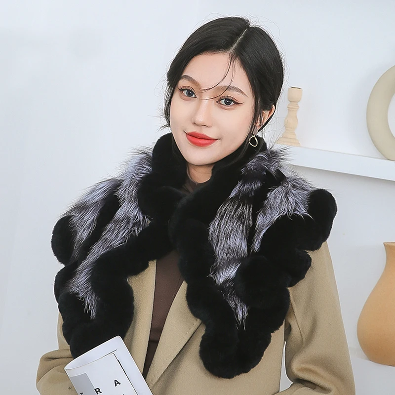 Neuer Damen-Winterschal aus echtem Rex-Kaninchenfell, Warmer Weicher Silberfuchs-Fellschal, Modischer Damen-Poncho aus 100% Echtem Rex-Kaninchenfell – Detail 8