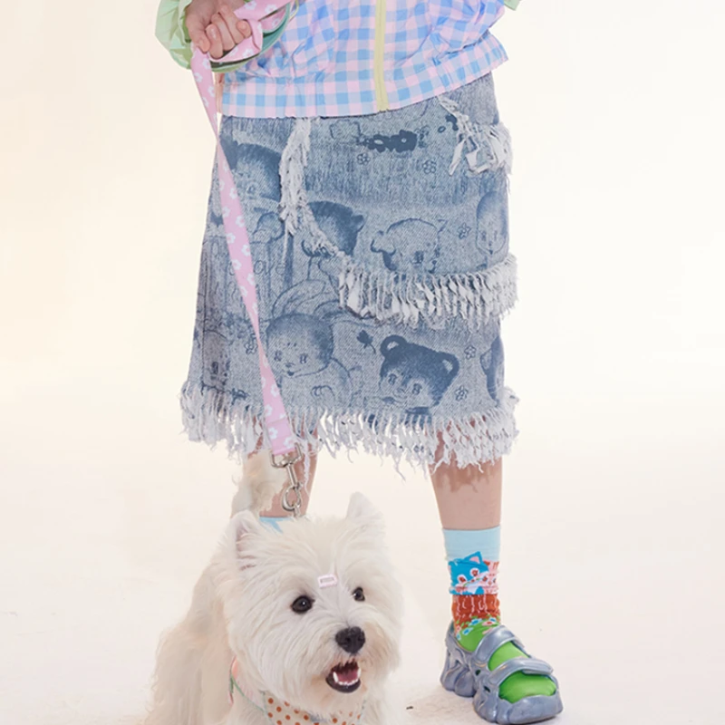 Spring Summer 2025 Fashion Light Blue Animal Fringed Medium Long Skirt Printed Imitation Denim Versatile And Thin A-line Skirts