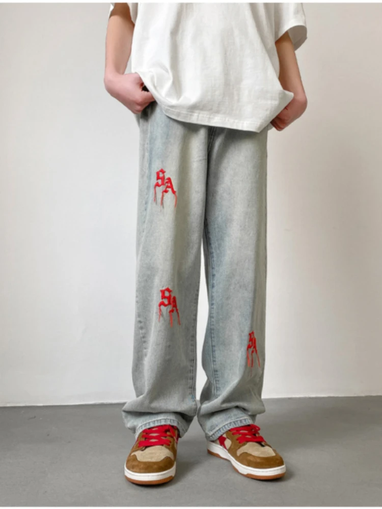 New Spring 2023 Men Baggy Straight Jeans Hip Hop Streetwear Y2K Vintage Fashion Trousers Embroidery Scratch Wide-leg Denim Pants