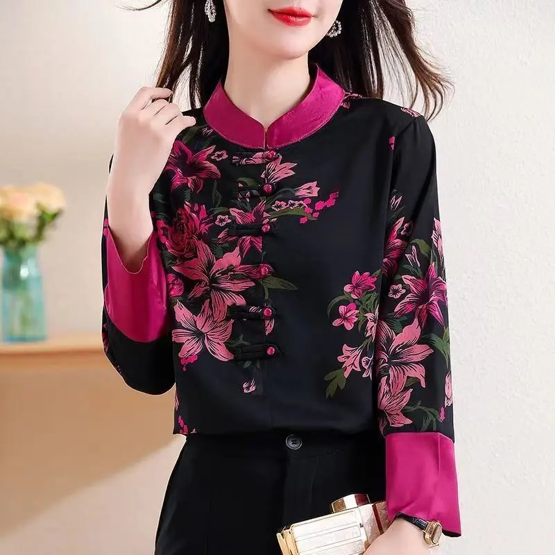 Clothes for Women Chinese Style Vintage Floral Print Shirt Stand Collar Elegant Temperament Blouses Female Chic Long Sleeve Tops