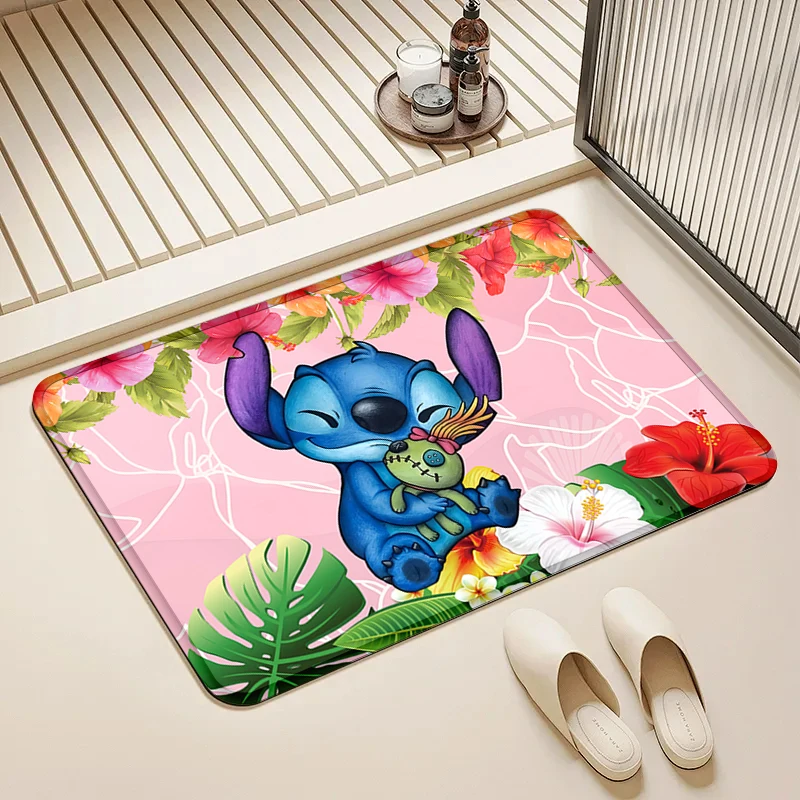 

Disney Stitch & Scrump Doll Doormat Tropical Flower Anti-Slip Floor Mat Home Entrance Living Room Decor