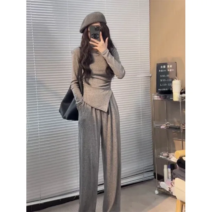 Passende Sets, weites Bein, solide Hosen-Sets in voller Länge, Trainingsanzug, Pullover, Oberteile, lange Ärmel, hohe Taille, lockere Freizeit