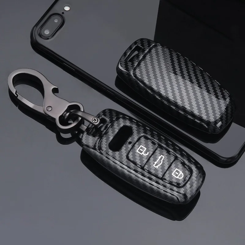 Carbon Car Key Case Fob For Audi A6 A4 A5 A7 A8 C8 Q8 8S 8W Q7 B9 4M S5 S4 S7 D5 TT TTS TFSI E-Tron Keychain Suede Accessories