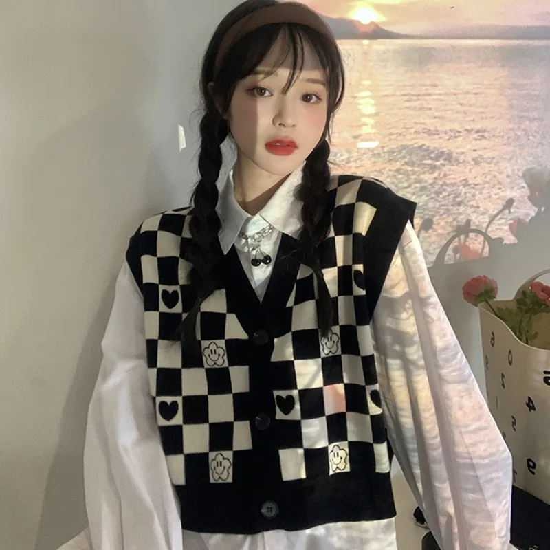 Vest Pullover Checkerboard Plaid Sweater Women Vintage Print Knitted Mini Vest Casual Streetwear Harajuku Clothing Autumn Top