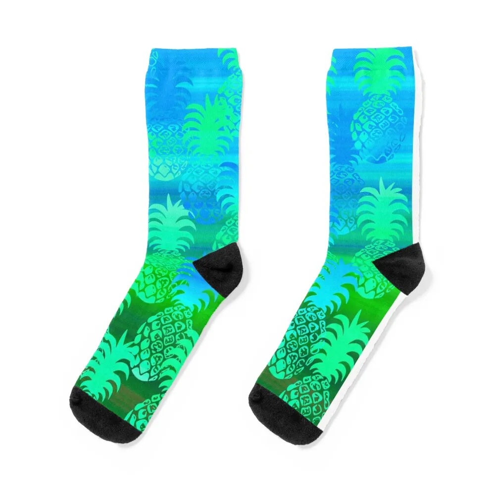 Pukana Hawaiian Pineapple Sunset Blend - Leaf green and ocean blue Socks bright garter FASHION football Woman Socks Men's