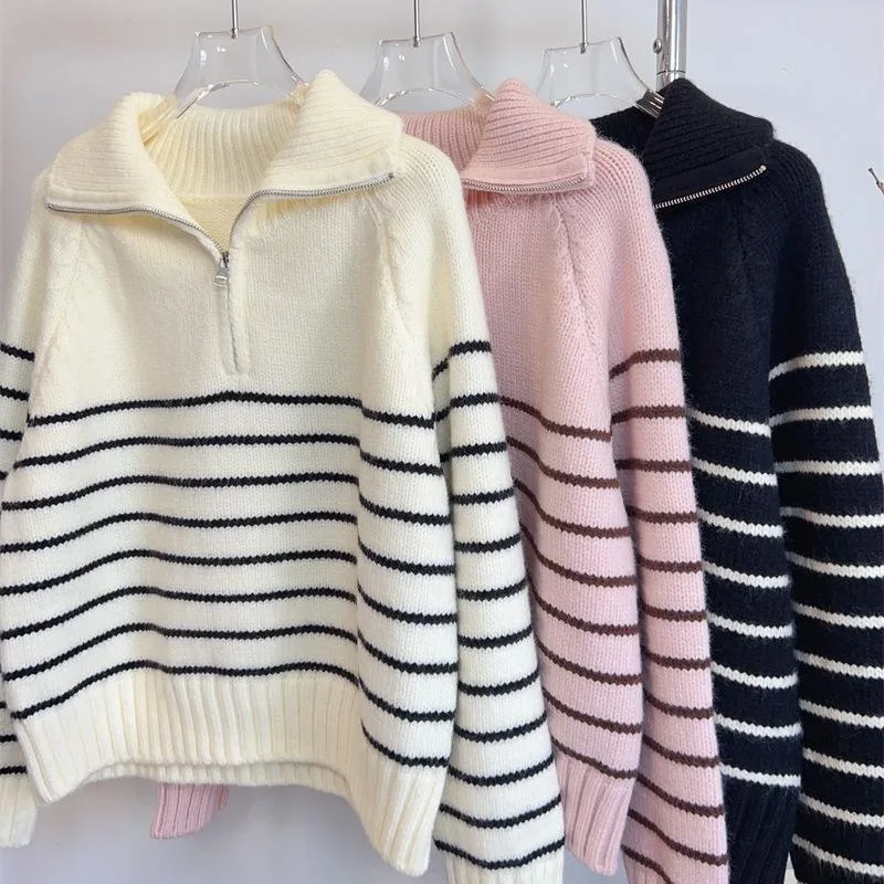 

Polo Collared Striped Sweater Women Pullover Knitted Half Zip Jumper Autumn Winter Female Comfy Knitwear Casual Suéter Ligero