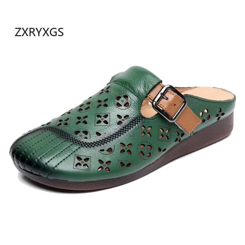 

ZXRYXGS/2020 летние дышащие тапочки из натуральной кожи с круглым носком, уличная обувь, удобные элегантные женские тапочки на плоской подошве
