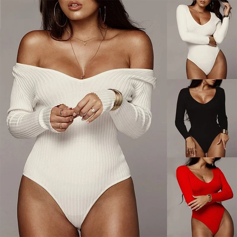 

Deep V Neck Long Sleeve Bodysuit Women's Ribbed Knit Bodycon Basic Bodysuit Top Fall 2024 Bodysuits Sweater Fitted Dressy Casual