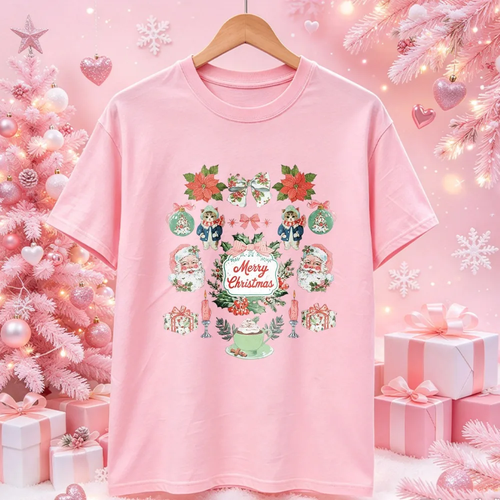 Merry Christmas Santa Cat Poinsettia Bow Gift Candle Hot Cocoa Graphic T Shirt Watercolor Vintage Xmas Ornament Print Cotton Top