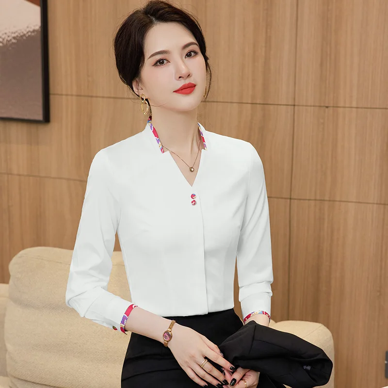 NAVIU Womens Long Sleeve V Neck Formal Shirt Professional Interview Blouses Temperament Uniform Office Lady Work Tops New