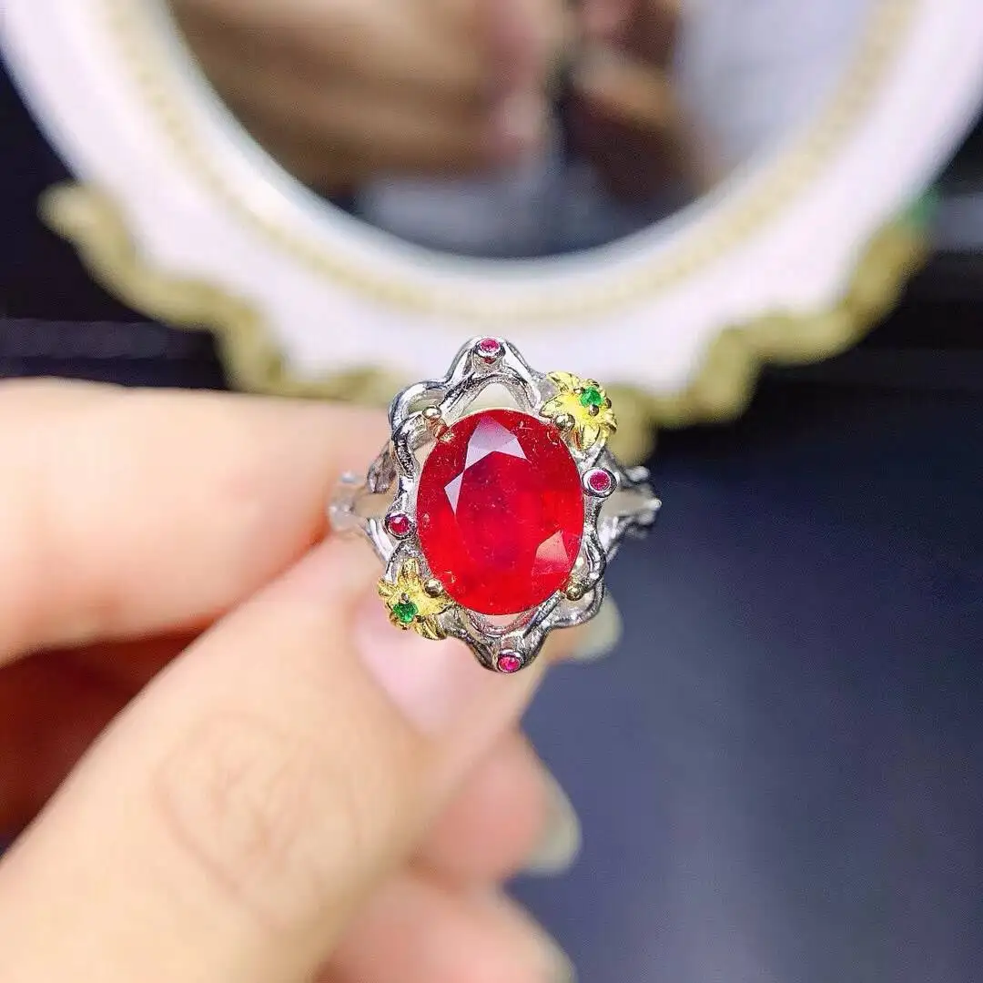 

KJJEAXCMY New style Jewelry Natural Women's Ruby ring 925 silver inlay Colorful and splendid Crystal pure fire flash explosion