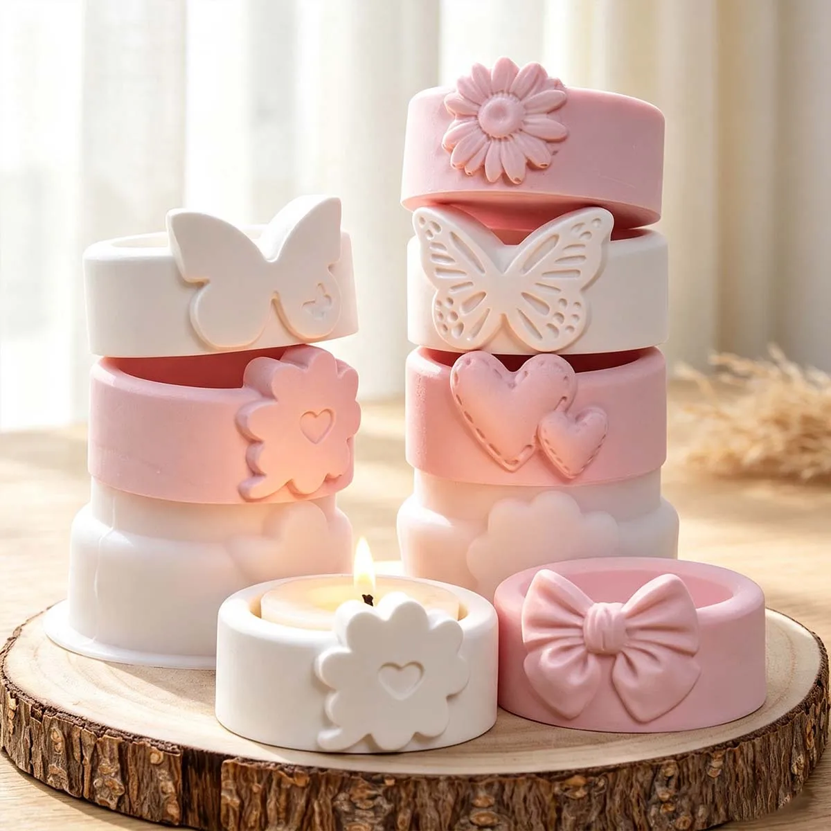 Runde Kerzenhalter-Silikonform DIY Schmetterling Blume Herz Schleife Engel Teelichthalter Tonformen Gips Harz Handwerk Herstellung