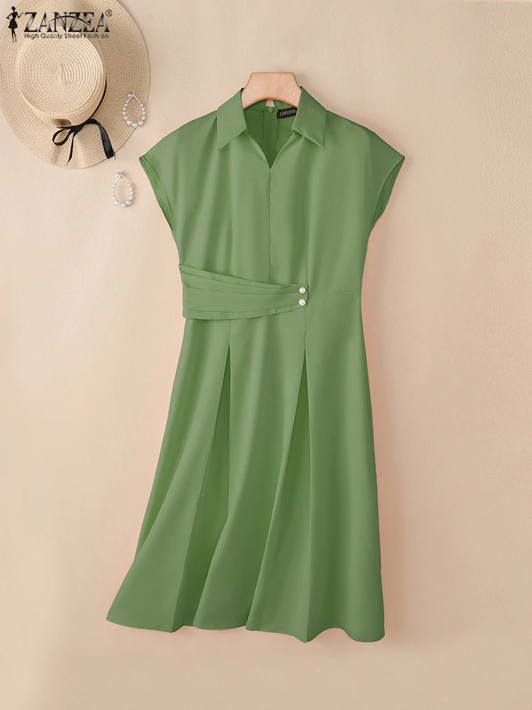 فساتين نسائية للمكتب 2025 من ZANZEA فستان صيفي متين بطيات OL للعمل فستان صيفي ميدي فيستدوس أنيق برقبة على شكل طية صدر وأكمام قصيرة للحفلات
