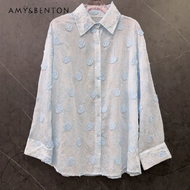 

Summer New Heavy Industry Jacquard Diamond Drills Flower Long-sleeved Shirt Women's Loose Casual Versatile Age-reducing Blusas