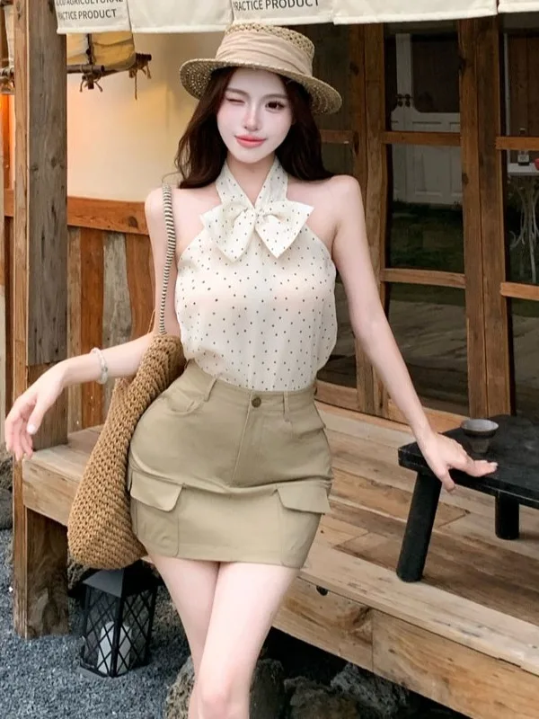 

Sweet Retro Polka Dot Bow Tie Neck Casual Versatile Bodycon Workwear Short Skirt Set Women's Summer Fashion Two-Piece Suit