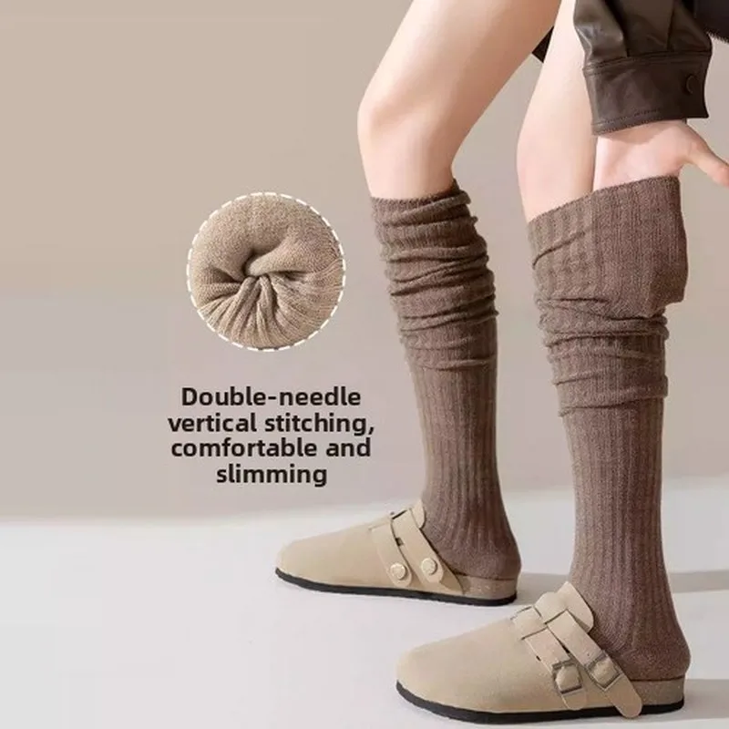 Autumn Winter Thigh High Socks Women Casual Solid White Slouchy Crew Socks Knitted Thick Warm Sports Stockings for Daily Wear