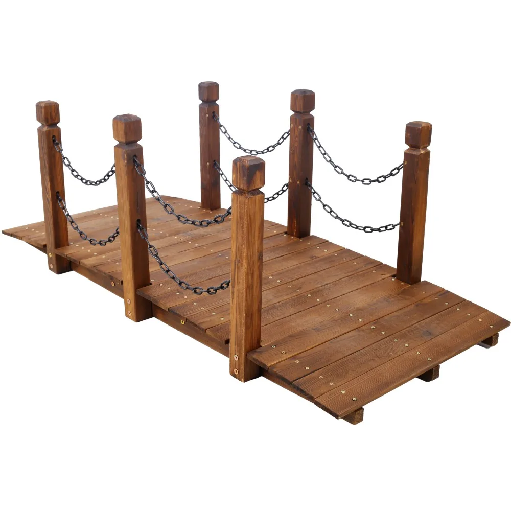 Outdoor Furniture 5 FT Wooden Garden Bridge, Stained Wood Arc Footbridge with Chain Railings for Backyard Creek Farm