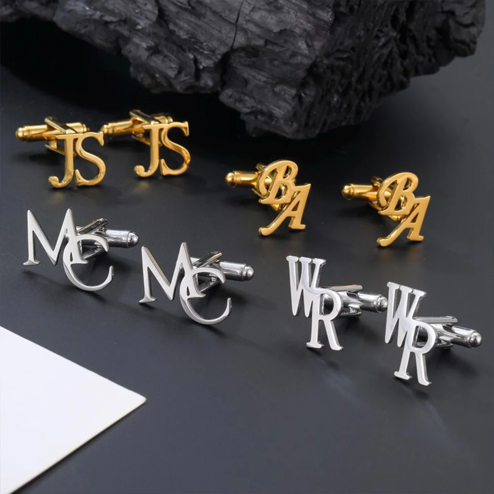 Gemelos de acero inoxidable con primera letra personalizados, joyería de boda personalizada, accesorios para camisas y trajes de hombre, regalos para padrinos de boda