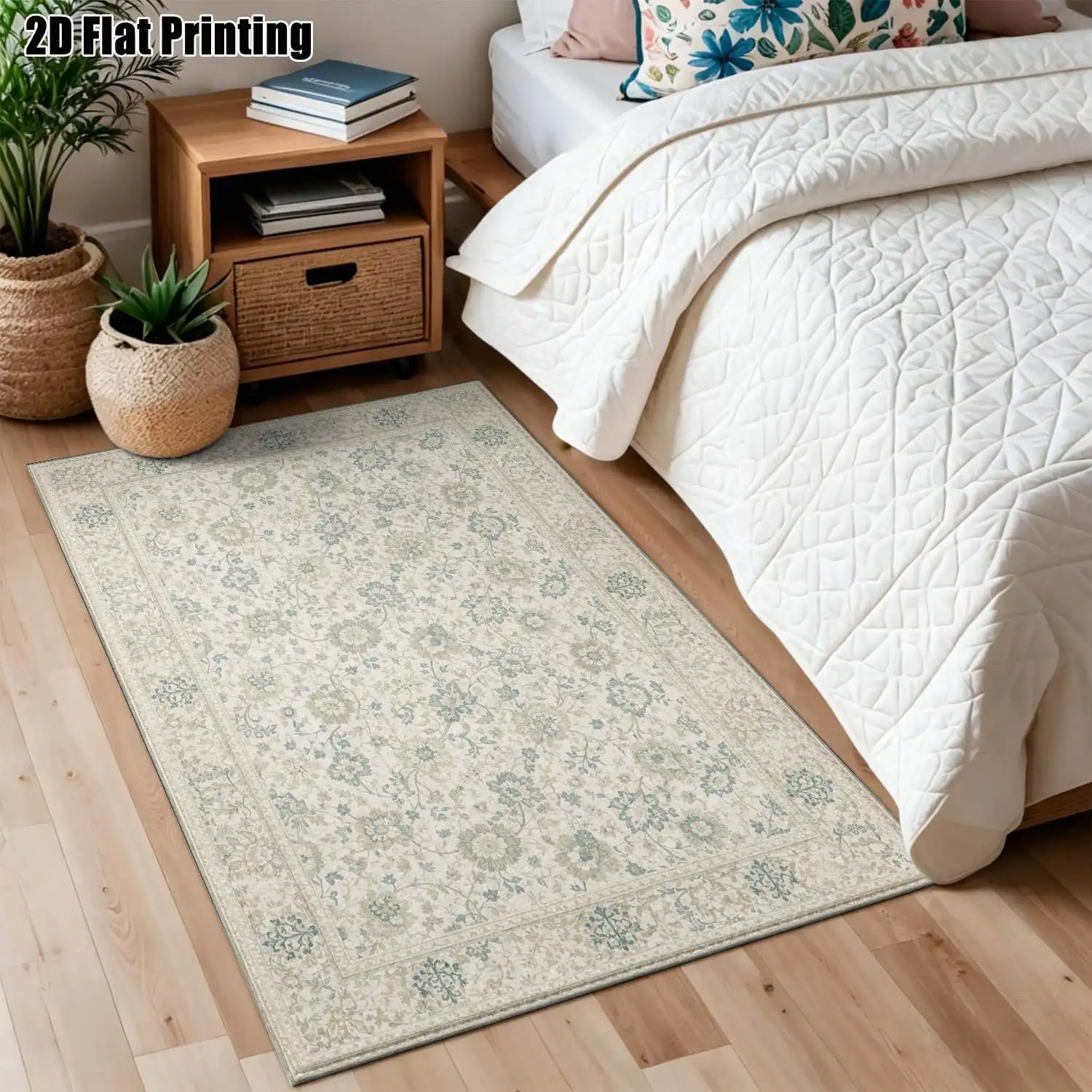 1Pc 2D Printed Carpet: Beige & Light Blue Floral, European Vintage Simple Geometric, Home Decor, Multi-Size, Machine Washable, for Entrance, Dining, Foyer, Bedroom, Living Room