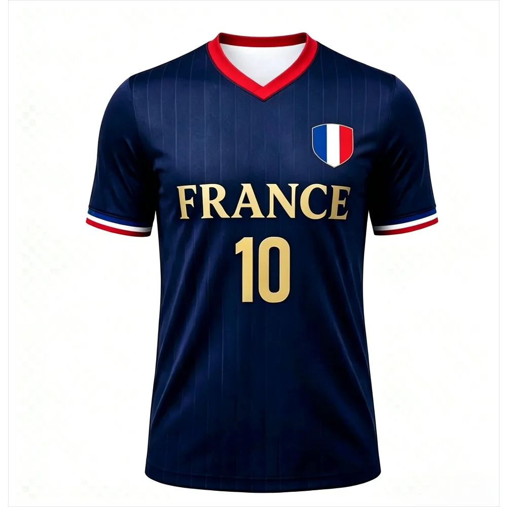 Summer Fashion Short Sleeve #10 Soccer Jersey, Navy V-Neck Polyester Football Shirt with Gold FRANCE Back Print