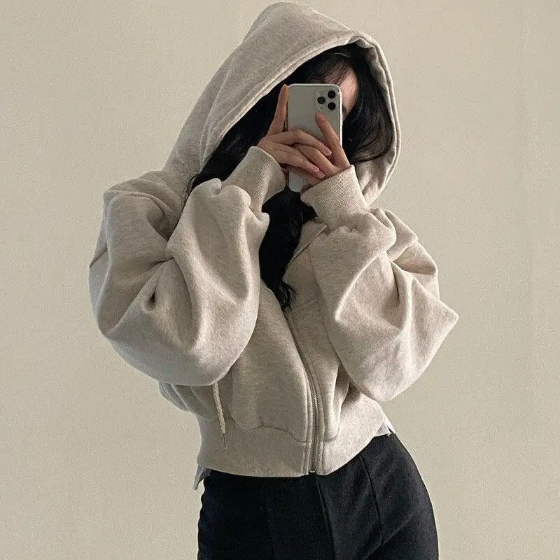 

Early Spring New Women's Hooded Sweatshirt Versatile and Fashionable Short Style Slim Fit Zipper Warm Solid Color Sweatshirt