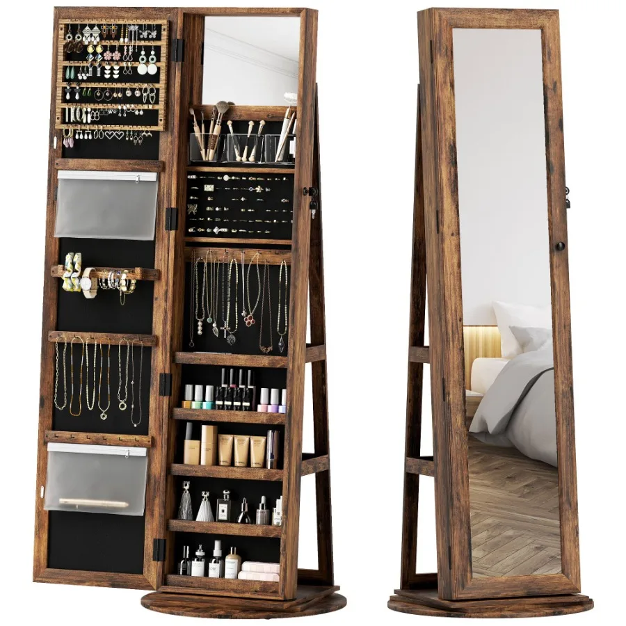 

HOMCOM 360 Swivel Jewelry Armoire Lockable Jewelry Cabinet with FullLength Mirror Storage Shelves Rustic Brown