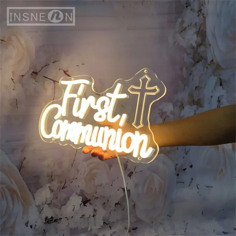 First Communion Neon Sign 3D Engraving Wall Decor LED Neon Sign Lights for Party Home Neon Lighting Sign Baptism Decoration Gift