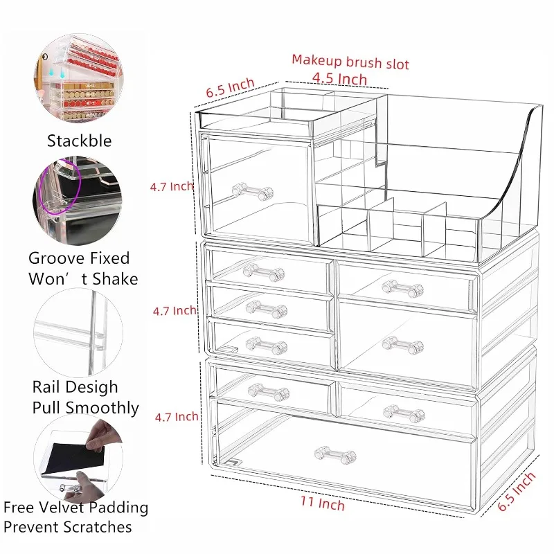 3 Pack Clear Make up Organizer Countertop,Stackable 9 Drawers Makeup Storage,Cute Vanity Organizers for dresser Hair