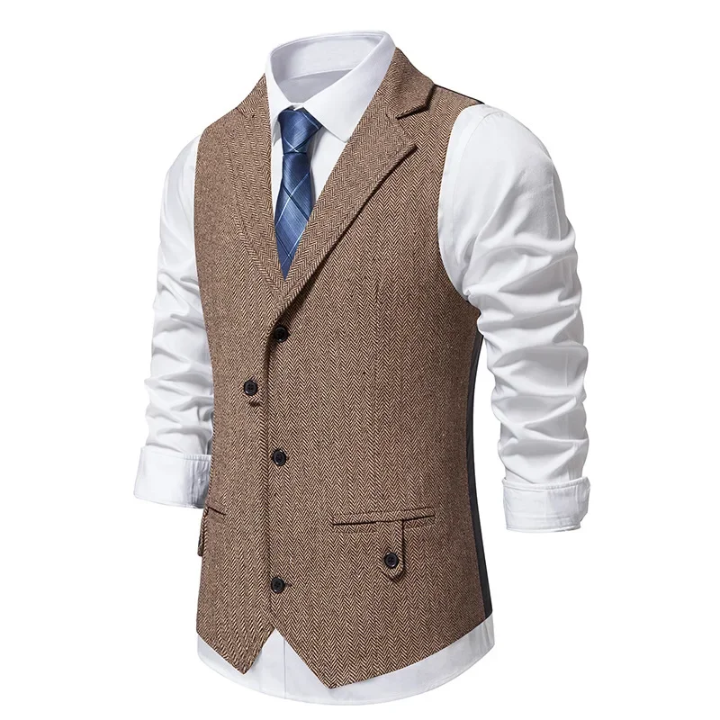 Mens Vintaqge Lapel Herringbone Tweed Suit Vest Elegant Suits Vests Business Formal Casual Waistcoat Man Gilet Costume Homme XXL