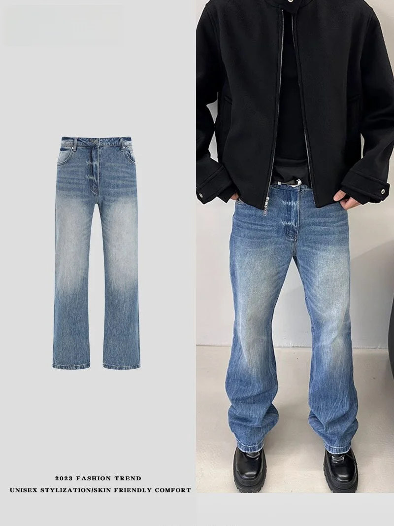 

Retro American Vibe High Street Waed Jeans Men's Straight Leg Micro Flared Pants Youthful Trend Cotton Polyester Blend