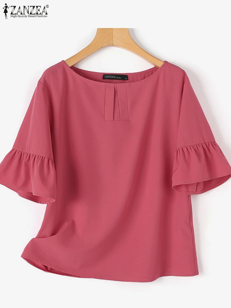 ZANZEA 2024 Summer Elegant 3/4 Sleeve Work OL Blouse Women Fashion Solid Shirt Female Casual Ruffles Blusas Loose Tops Tunic