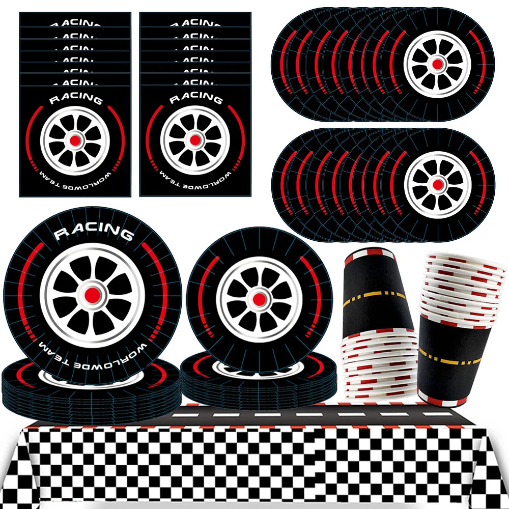 Racing Car Party Wheel Tableware Race Car Birthday Party Dinnerware Racing Themed Plate Napkin Tablecloth Cup for Racing Party