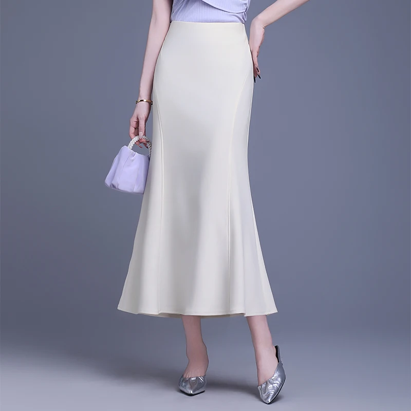 

Ele High Waist A-Line Long Skirt Fi Tail Suit Dr Spring 2025 Polyester Blend Commute Sle Korean Faion