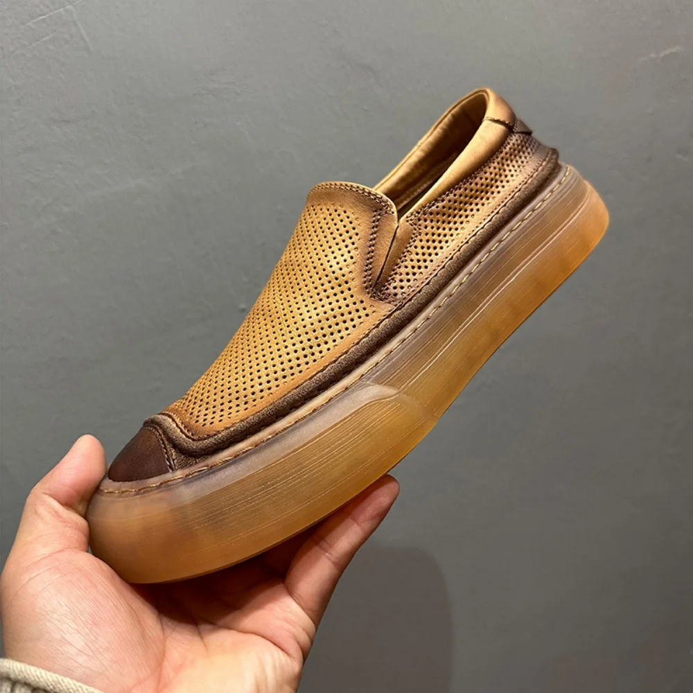 

Leather hollowed-out breathable slip-on lazy shoes, 2025 summer lightweight soft cowhide perforated casual loafers for men