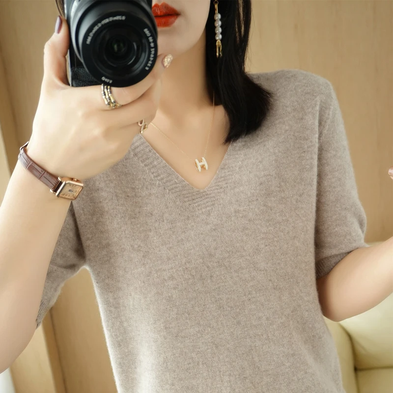 Spring Autumn New Fashion Cashmere Sweater Women Knitted Short Sleeve Pullover Solid Color  Loose V-Neck Korean Version Tops